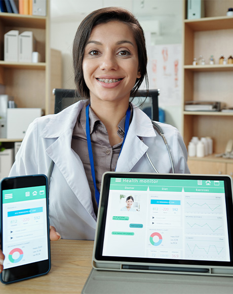 doctor showing health control app